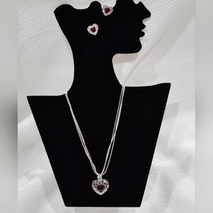 Silver and Red Heart Jewelry Necklace & Earring Set